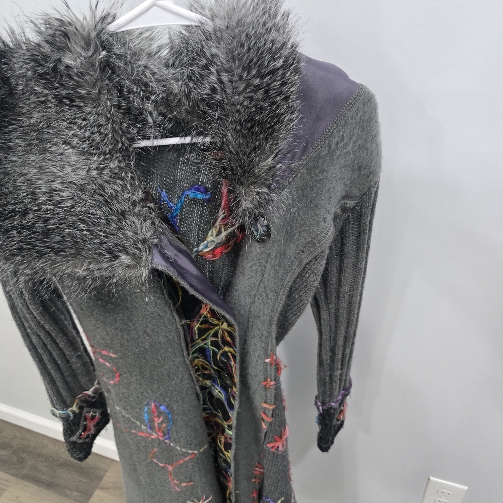 Embroidered Gray Women's Cape with Faux Fur Trim